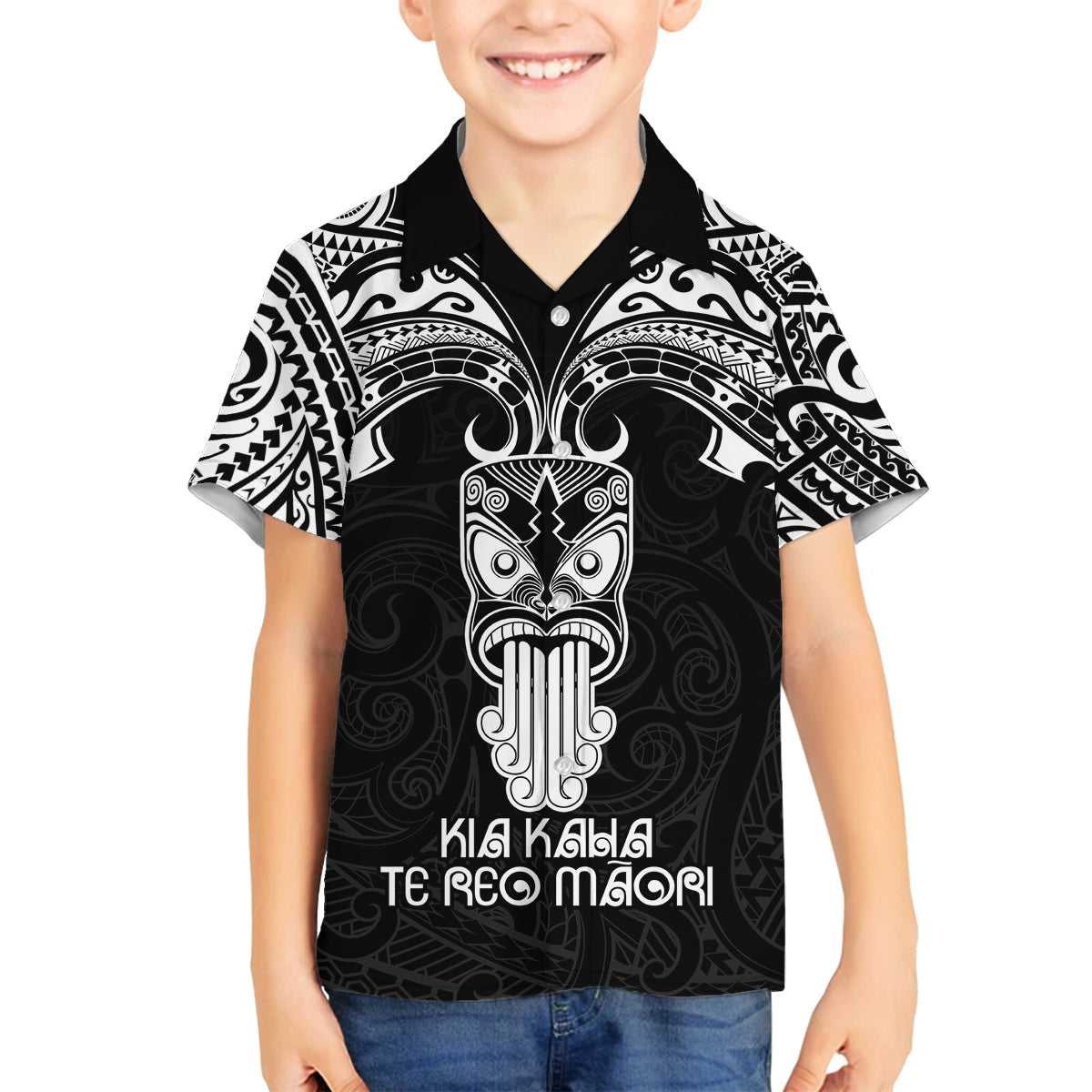 New Zealand Te Reo Maori Family Matching Off Shoulder Short Dress and Hawaiian Shirt Kia Kaha Maori Language Week Black Style LT9 - Wonder Print Shop