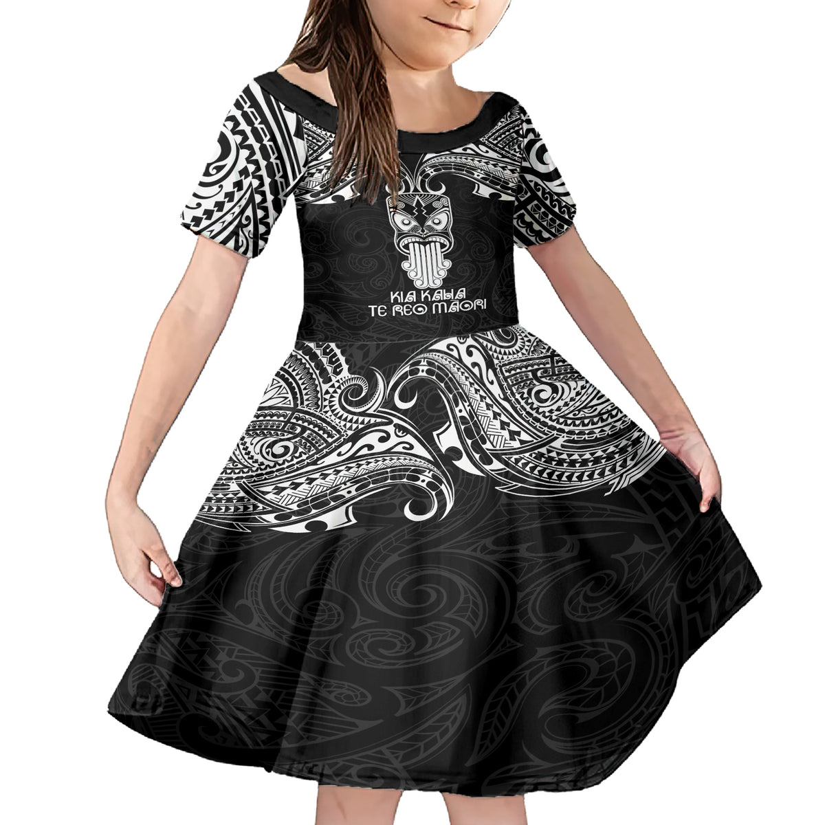 New Zealand Te Reo Maori Family Matching Short Sleeve Bodycon Dress and Hawaiian Shirt Kia Kaha Maori Language Week Black Style - Wonder Print Shop