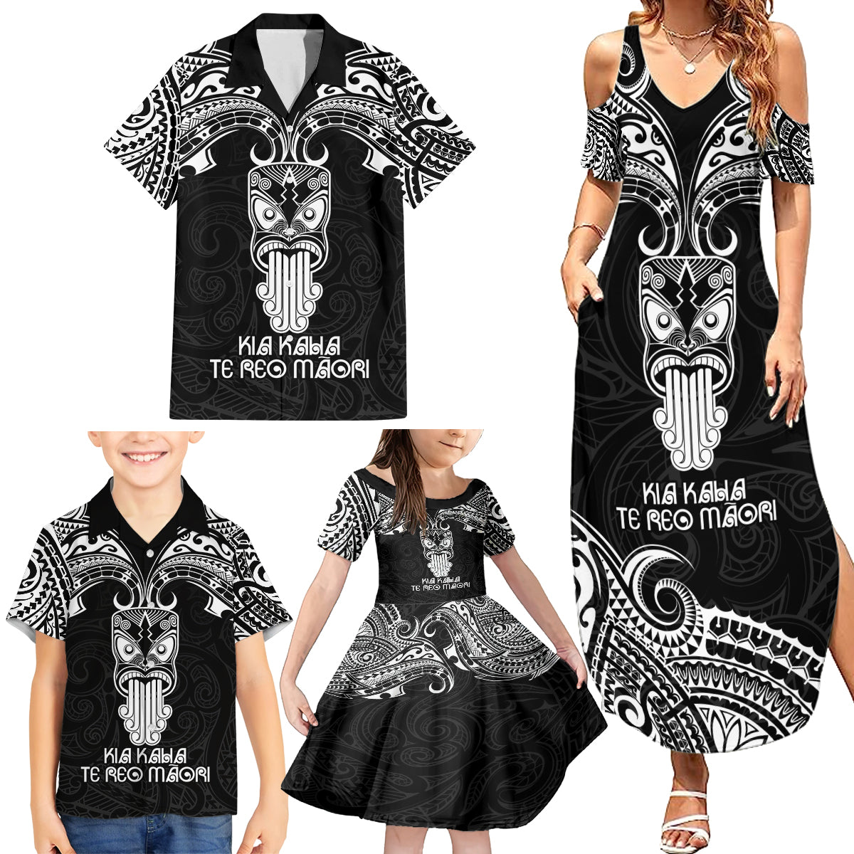 New Zealand Te Reo Maori Family Matching Summer Maxi Dress and Hawaiian Shirt Kia Kaha Maori Language Week Black Style - Wonder Print Shop