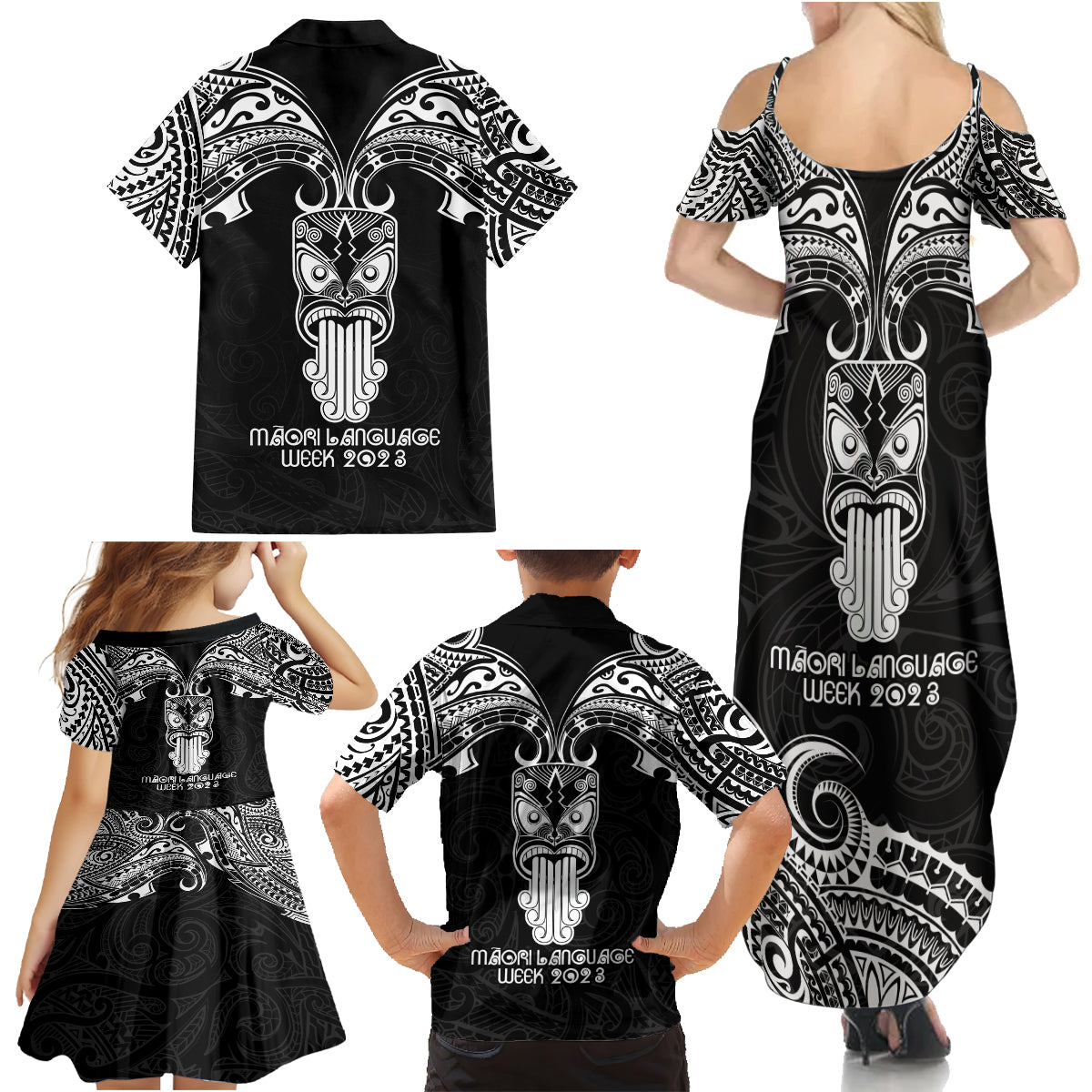 New Zealand Te Reo Maori Family Matching Summer Maxi Dress and Hawaiian Shirt Kia Kaha Maori Language Week Black Style - Wonder Print Shop