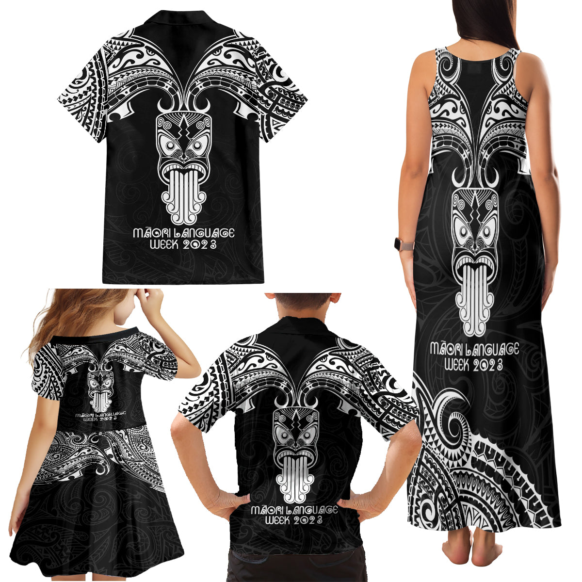 New Zealand Te Reo Maori Family Matching Tank Maxi Dress and Hawaiian Shirt Kia Kaha Maori Language Week Black Style - Wonder Print Shop