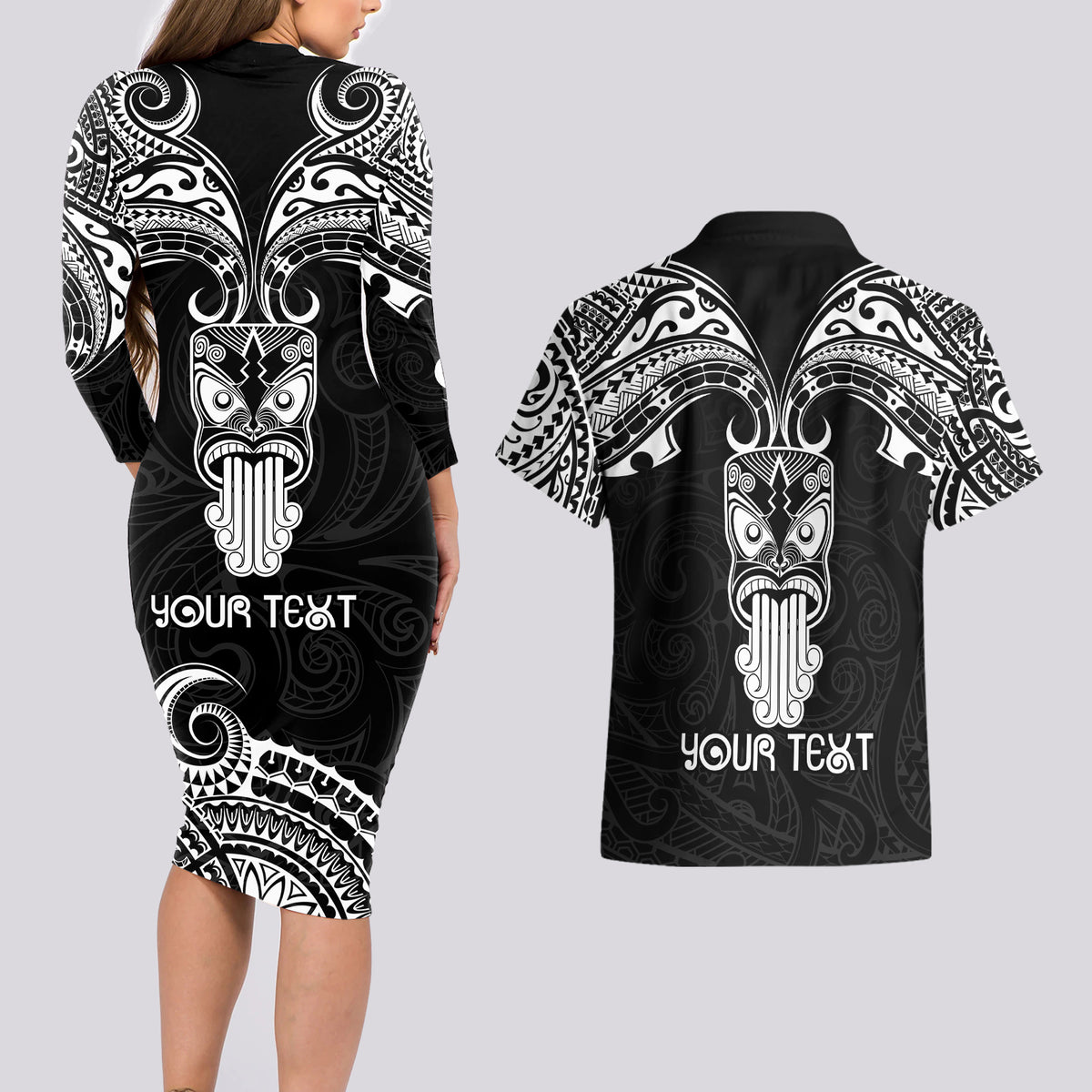 Personalised New Zealand Te Reo Maori Couples Matching Long Sleeve Bodycon Dress and Hawaiian Shirt Kia Kaha Maori Language Week Black Style LT9 - Wonder Print Shop