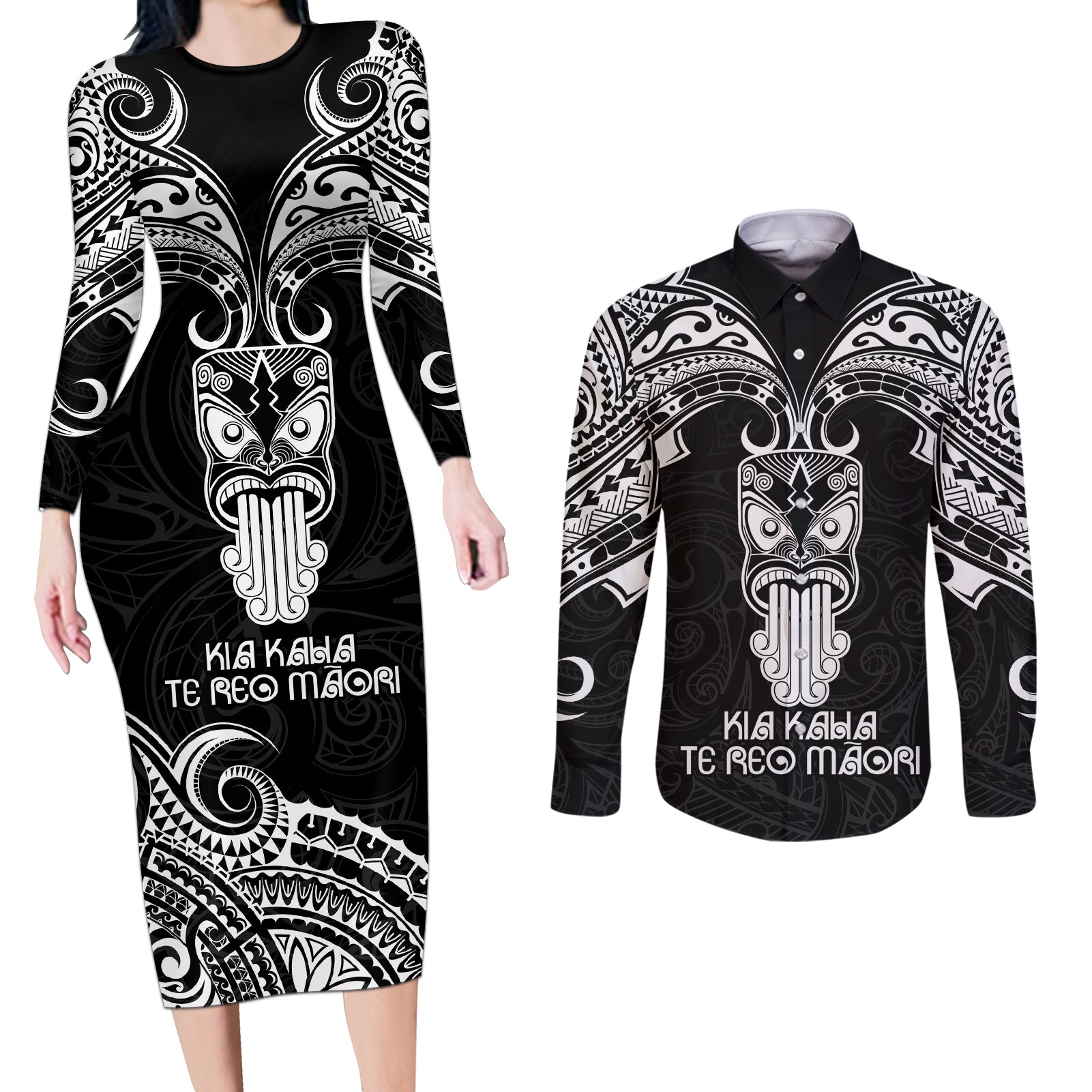 Personalised New Zealand Te Reo Maori Couples Matching Long Sleeve Bodycon Dress and Long Sleeve Button Shirts Kia Kaha Maori Language Week Black Style LT9 - Wonder Print Shop