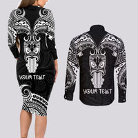 Personalised New Zealand Te Reo Maori Couples Matching Long Sleeve Bodycon Dress and Long Sleeve Button Shirts Kia Kaha Maori Language Week Black Style LT9 - Wonder Print Shop