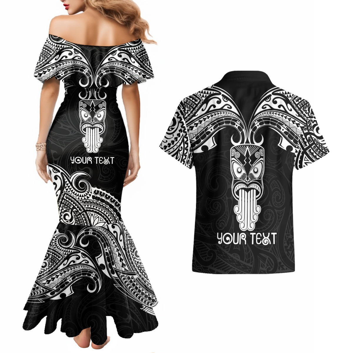 Personalised New Zealand Te Reo Maori Couples Matching Mermaid Dress and Hawaiian Shirt Kia Kaha Maori Language Week Black Style LT9 - Wonder Print Shop