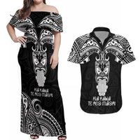 Personalised New Zealand Te Reo Maori Couples Matching Off Shoulder Maxi Dress and Hawaiian Shirt Kia Kaha Maori Language Week Black Style LT9 - Wonder Print Shop