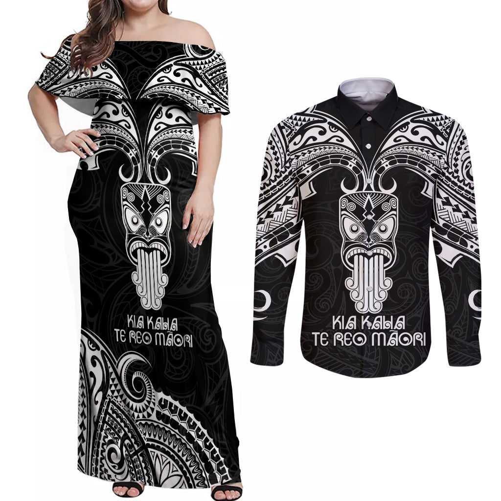 Personalised New Zealand Te Reo Maori Couples Matching Off Shoulder Maxi Dress and Long Sleeve Button Shirts Kia Kaha Maori Language Week Black Style LT9 - Wonder Print Shop