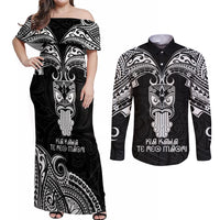 Personalised New Zealand Te Reo Maori Couples Matching Off Shoulder Maxi Dress and Long Sleeve Button Shirts Kia Kaha Maori Language Week Black Style LT9 - Wonder Print Shop