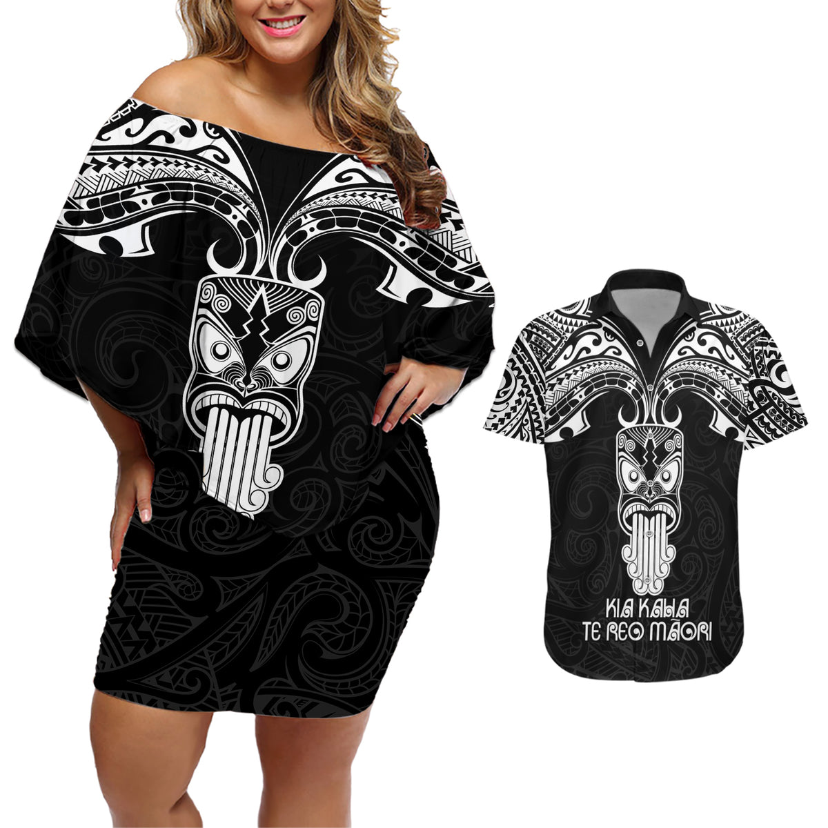 Personalised New Zealand Te Reo Maori Couples Matching Off Shoulder Short Dress and Hawaiian Shirt Kia Kaha Maori Language Week Black Style LT9 - Wonder Print Shop