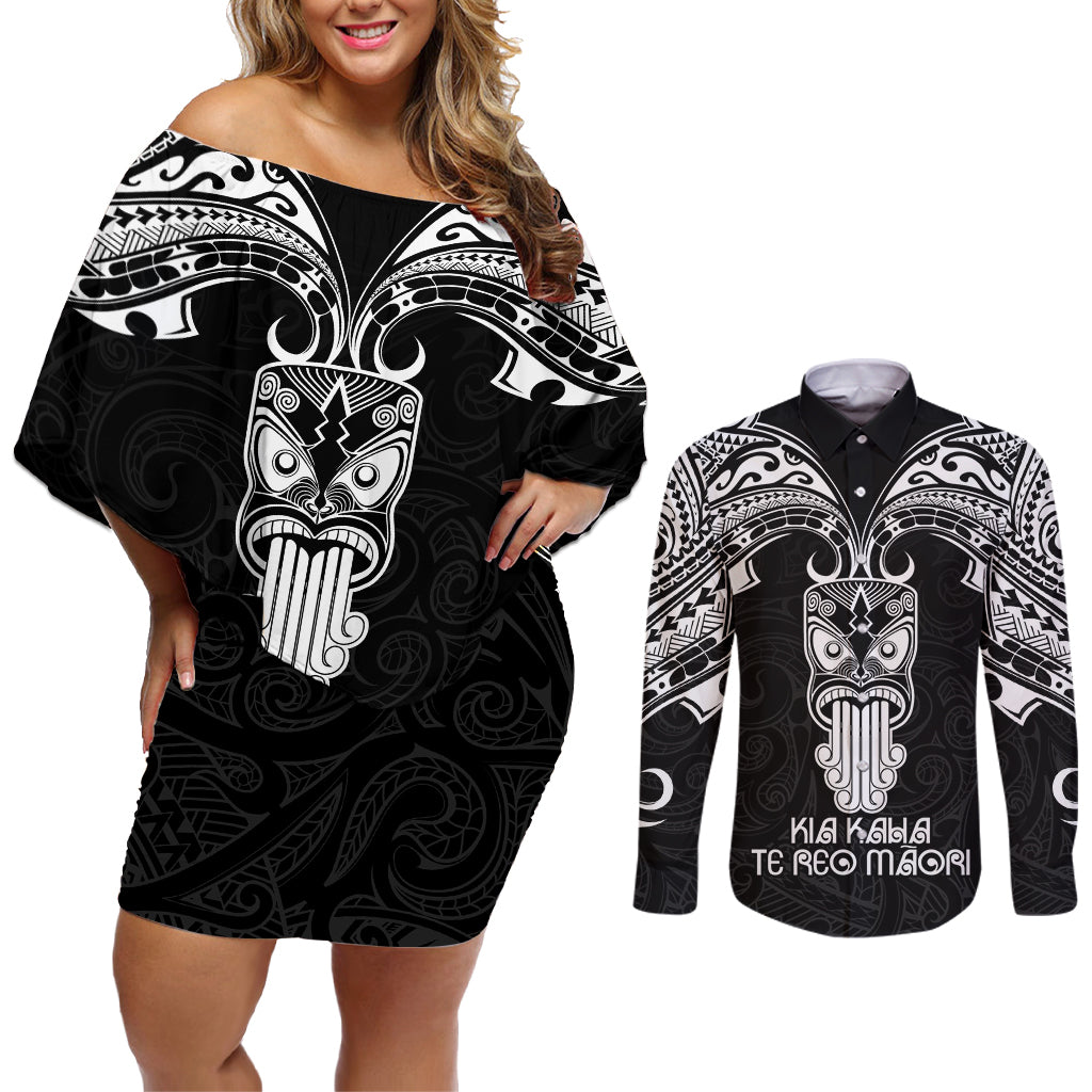 Personalised New Zealand Te Reo Maori Couples Matching Off Shoulder Short Dress and Long Sleeve Button Shirts Kia Kaha Maori Language Week Black Style LT9 - Wonder Print Shop