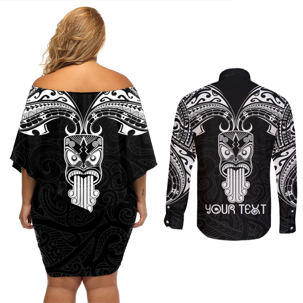 Personalised New Zealand Te Reo Maori Couples Matching Off Shoulder Short Dress and Long Sleeve Button Shirts Kia Kaha Maori Language Week Black Style LT9 - Wonder Print Shop