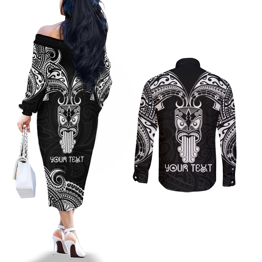 Personalised New Zealand Te Reo Maori Couples Matching Off The Shoulder Long Sleeve Dress and Long Sleeve Button Shirts Kia Kaha Maori Language Week Black Style LT9