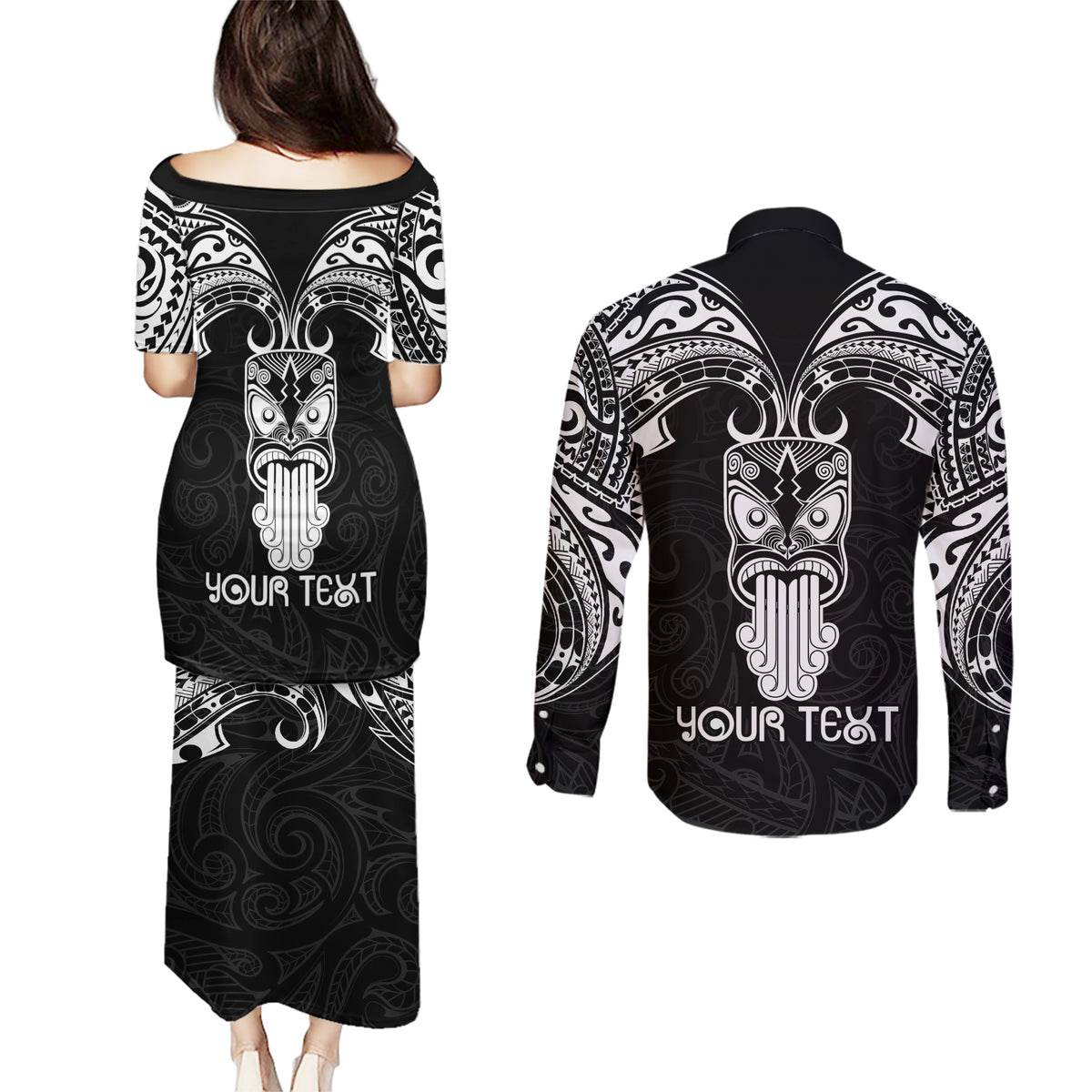 Personalised New Zealand Te Reo Maori Couples Matching Puletasi Dress and Long Sleeve Button Shirts Kia Kaha Maori Language Week Black Style LT9 - Wonder Print Shop