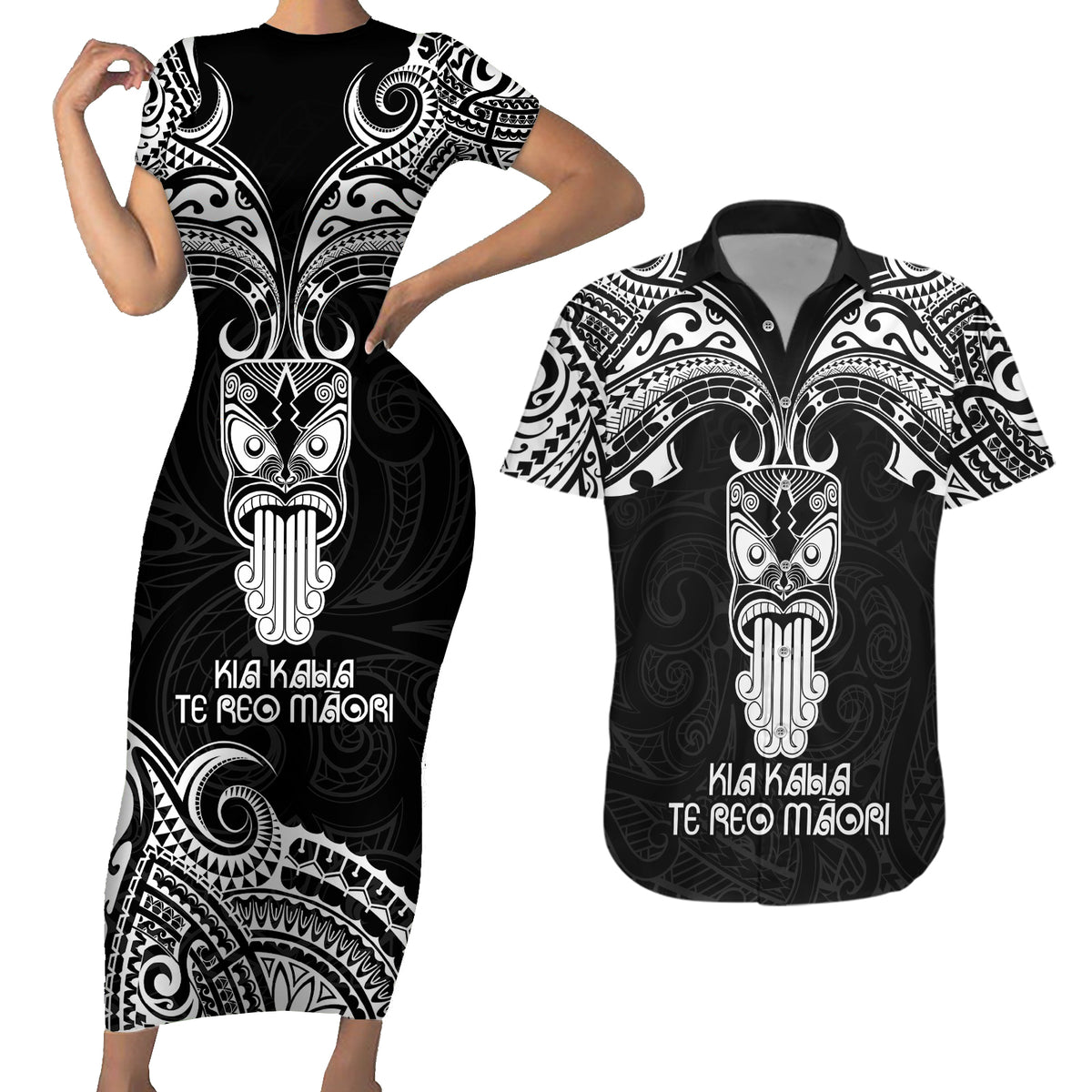 Personalised New Zealand Te Reo Maori Couples Matching Short Sleeve Bodycon Dress and Hawaiian Shirt Kia Kaha Maori Language Week Black Style LT9 - Wonder Print Shop