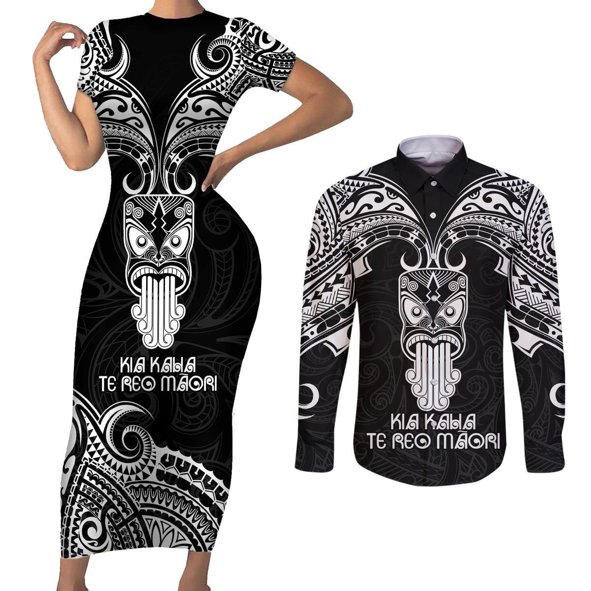 Personalised New Zealand Te Reo Maori Couples Matching Short Sleeve Bodycon Dress and Long Sleeve Button Shirts Kia Kaha Maori Language Week Black Style LT9 - Wonder Print Shop