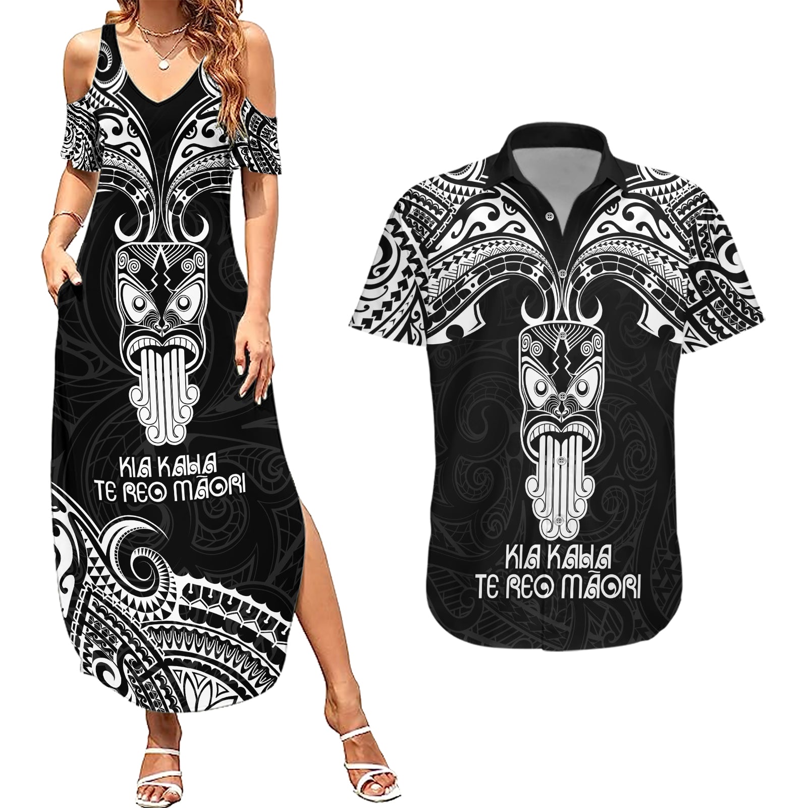 Personalised New Zealand Te Reo Maori Couples Matching Summer Maxi Dress and Hawaiian Shirt Kia Kaha Maori Language Week Black Style LT9 - Wonder Print Shop