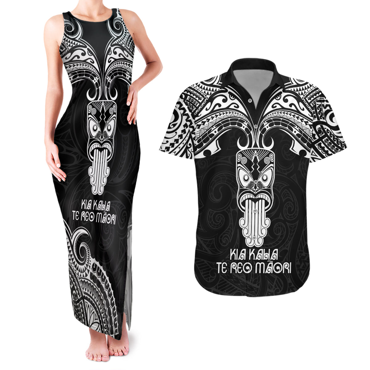 Personalised New Zealand Te Reo Maori Couples Matching Tank Maxi Dress and Hawaiian Shirt Kia Kaha Maori Language Week Black Style LT9 - Wonder Print Shop