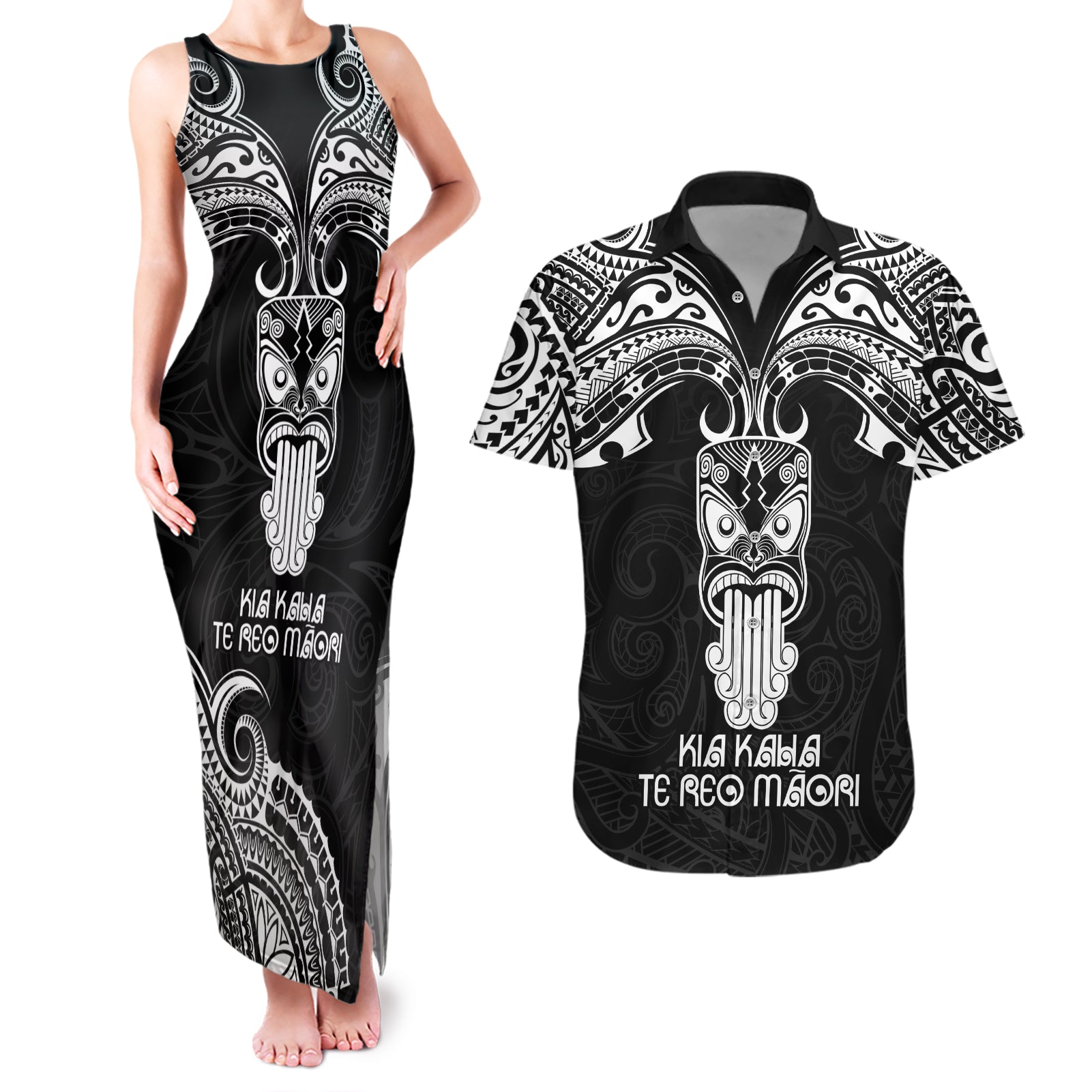 Personalised New Zealand Te Reo Maori Couples Matching Tank Maxi Dress and Hawaiian Shirt Kia Kaha Maori Language Week Black Style LT9 - Wonder Print Shop