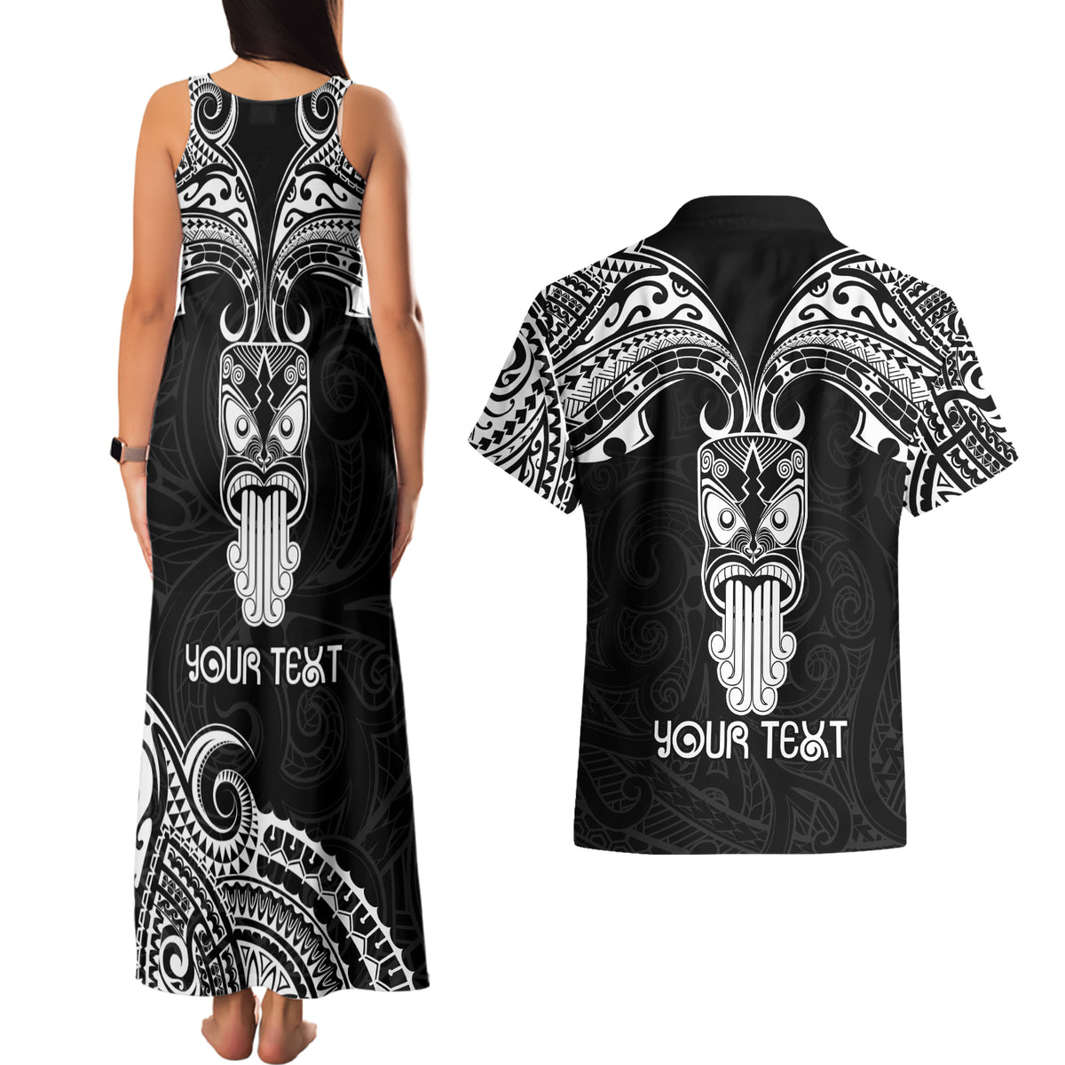 Personalised New Zealand Te Reo Maori Couples Matching Tank Maxi Dress and Hawaiian Shirt Kia Kaha Maori Language Week Black Style LT9 - Wonder Print Shop