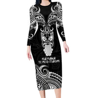Personalised New Zealand Te Reo Maori Family Matching Long Sleeve Bodycon Dress and Hawaiian Shirt Kia Kaha Maori Language Week Black Style LT9 - Wonder Print Shop