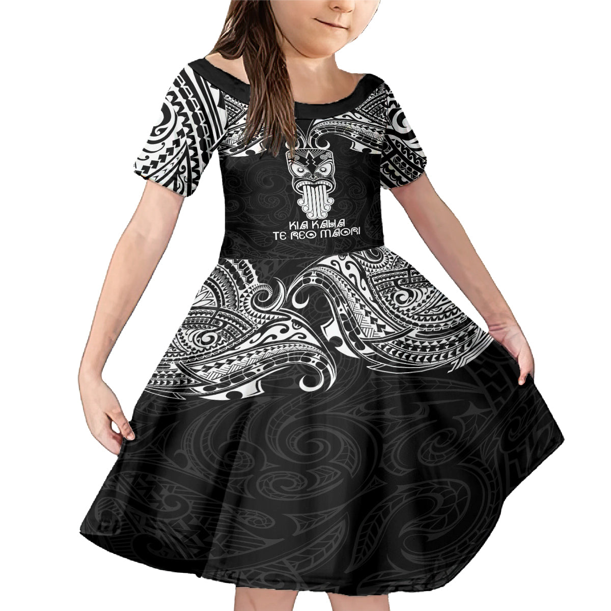 Personalised New Zealand Te Reo Maori Family Matching Mermaid Dress and Hawaiian Shirt Kia Kaha Maori Language Week Black Style LT9 - Wonder Print Shop