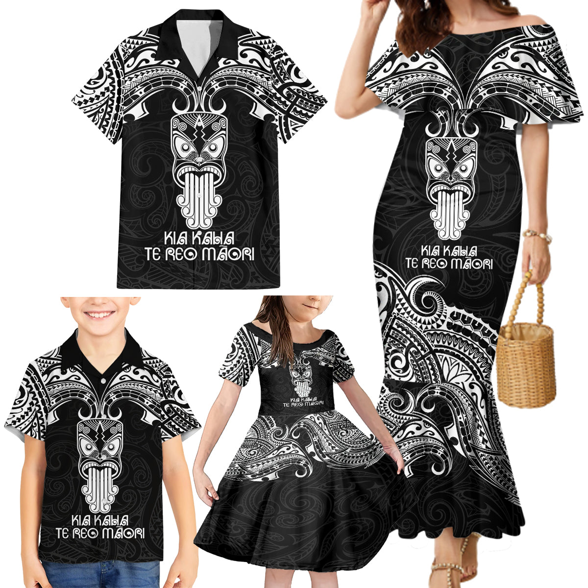 Personalised New Zealand Te Reo Maori Family Matching Mermaid Dress and Hawaiian Shirt Kia Kaha Maori Language Week Black Style LT9 - Wonder Print Shop