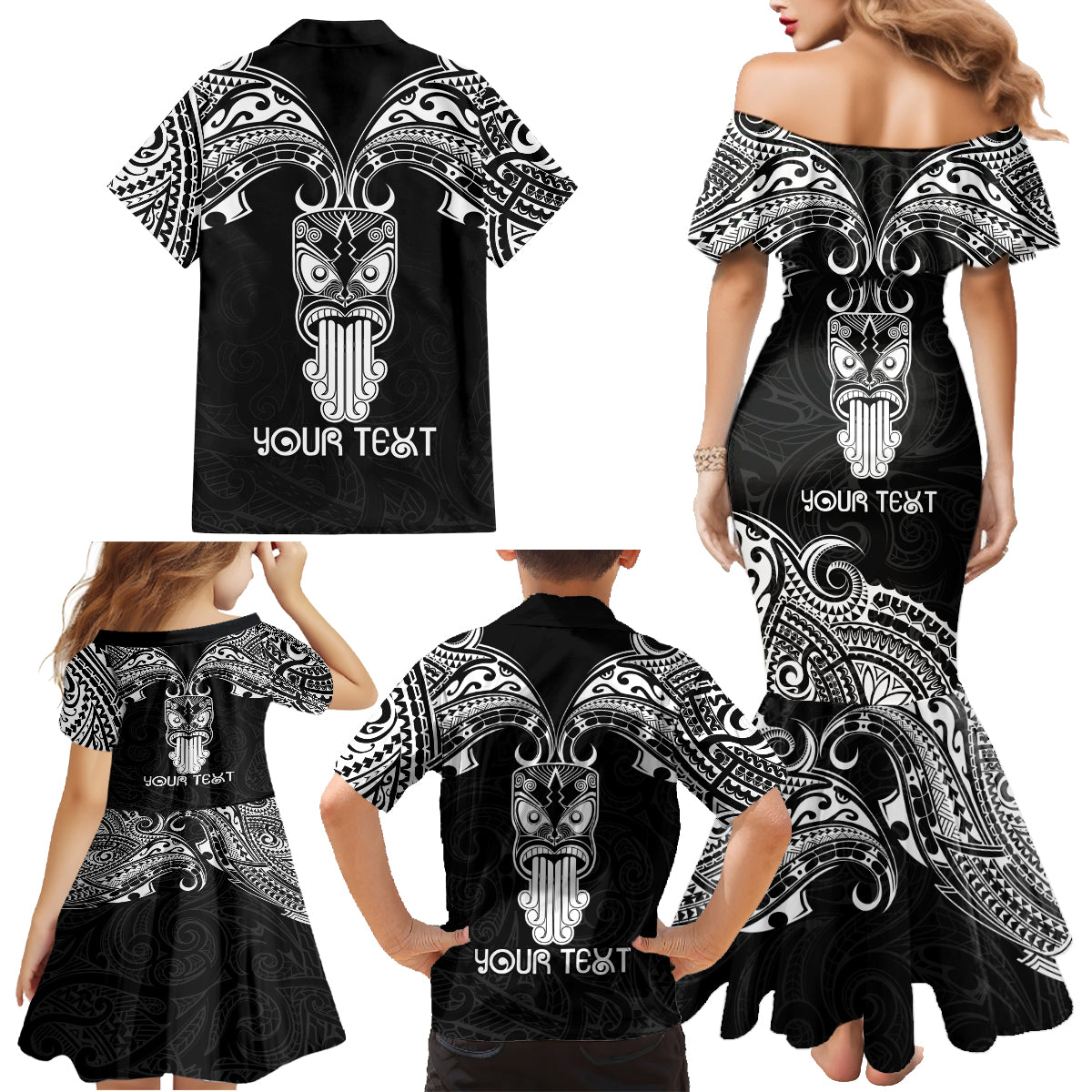 Personalised New Zealand Te Reo Maori Family Matching Mermaid Dress and Hawaiian Shirt Kia Kaha Maori Language Week Black Style LT9 - Wonder Print Shop