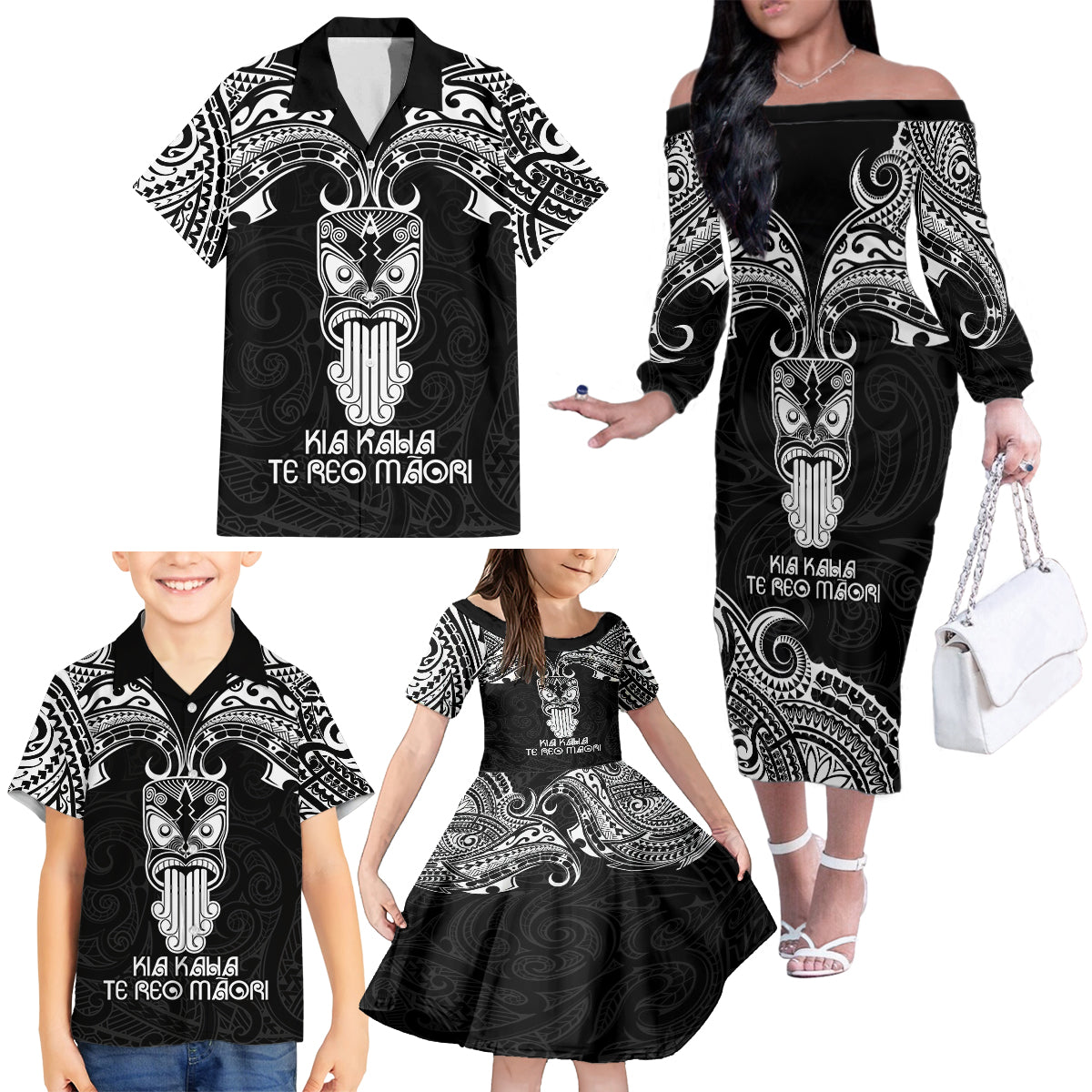Personalised New Zealand Te Reo Maori Family Matching Off Shoulder Long Sleeve Dress and Hawaiian Shirt Kia Kaha Maori Language Week Black Style - Wonder Print Shop