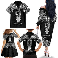 Personalised New Zealand Te Reo Maori Family Matching Off Shoulder Long Sleeve Dress and Hawaiian Shirt Kia Kaha Maori Language Week Black Style - Wonder Print Shop