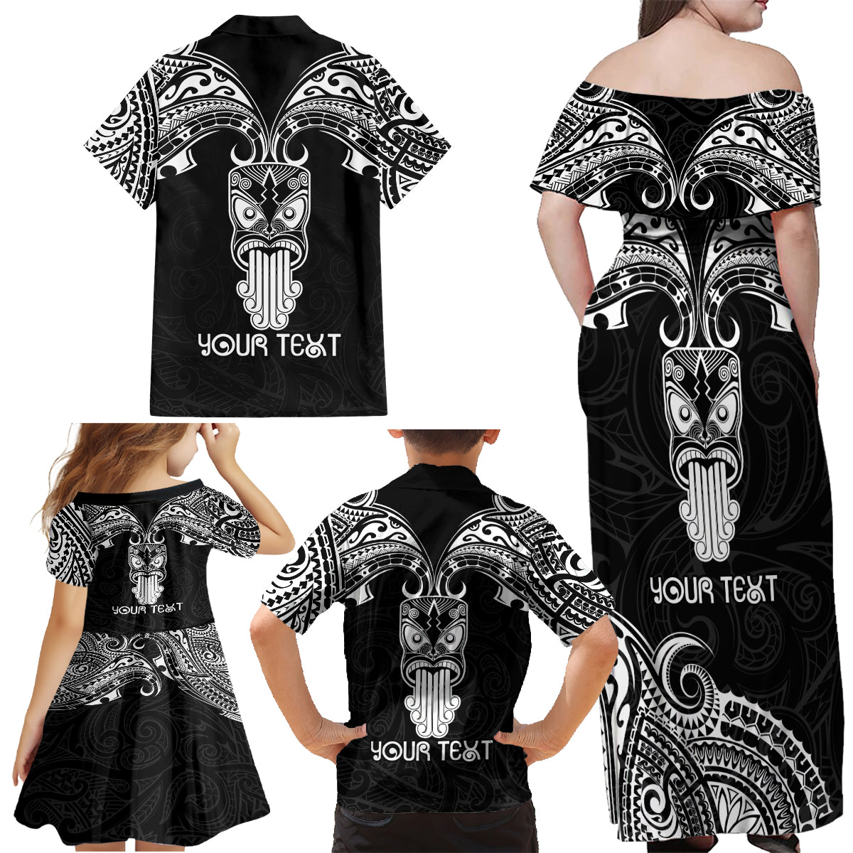 Personalised New Zealand Te Reo Maori Family Matching Off Shoulder Maxi Dress and Hawaiian Shirt Kia Kaha Maori Language Week Black Style LT9 - Wonder Print Shop