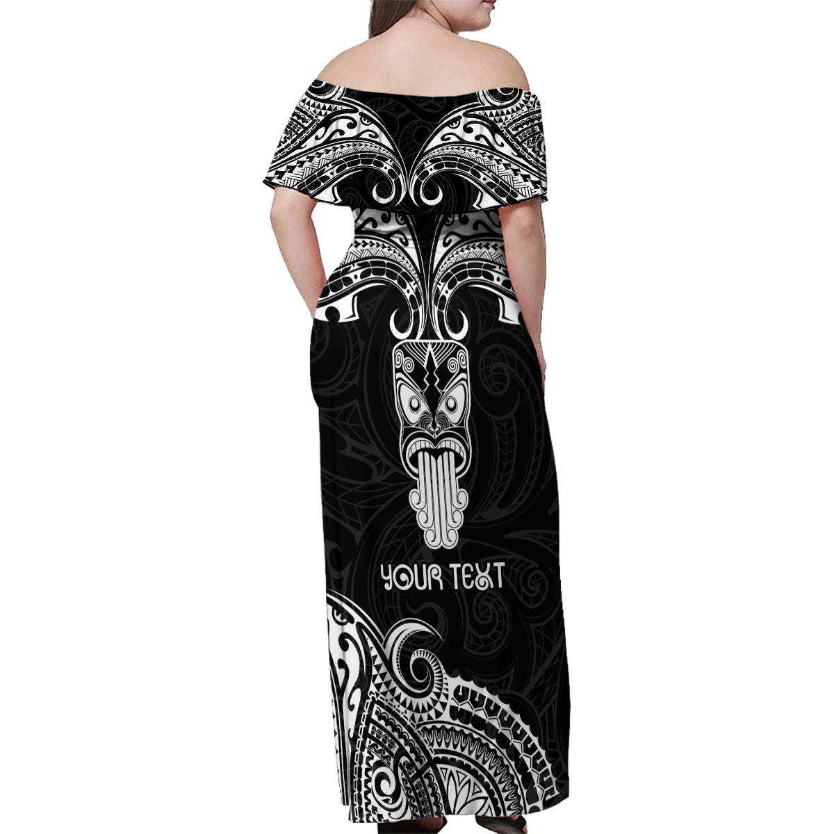 Personalised New Zealand Te Reo Maori Family Matching Off Shoulder Maxi Dress and Hawaiian Shirt Kia Kaha Maori Language Week Black Style LT9 - Wonder Print Shop