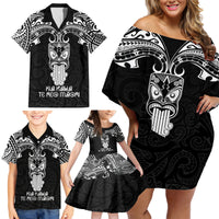 Personalised New Zealand Te Reo Maori Family Matching Off Shoulder Short Dress and Hawaiian Shirt Kia Kaha Maori Language Week Black Style LT9 - Wonder Print Shop