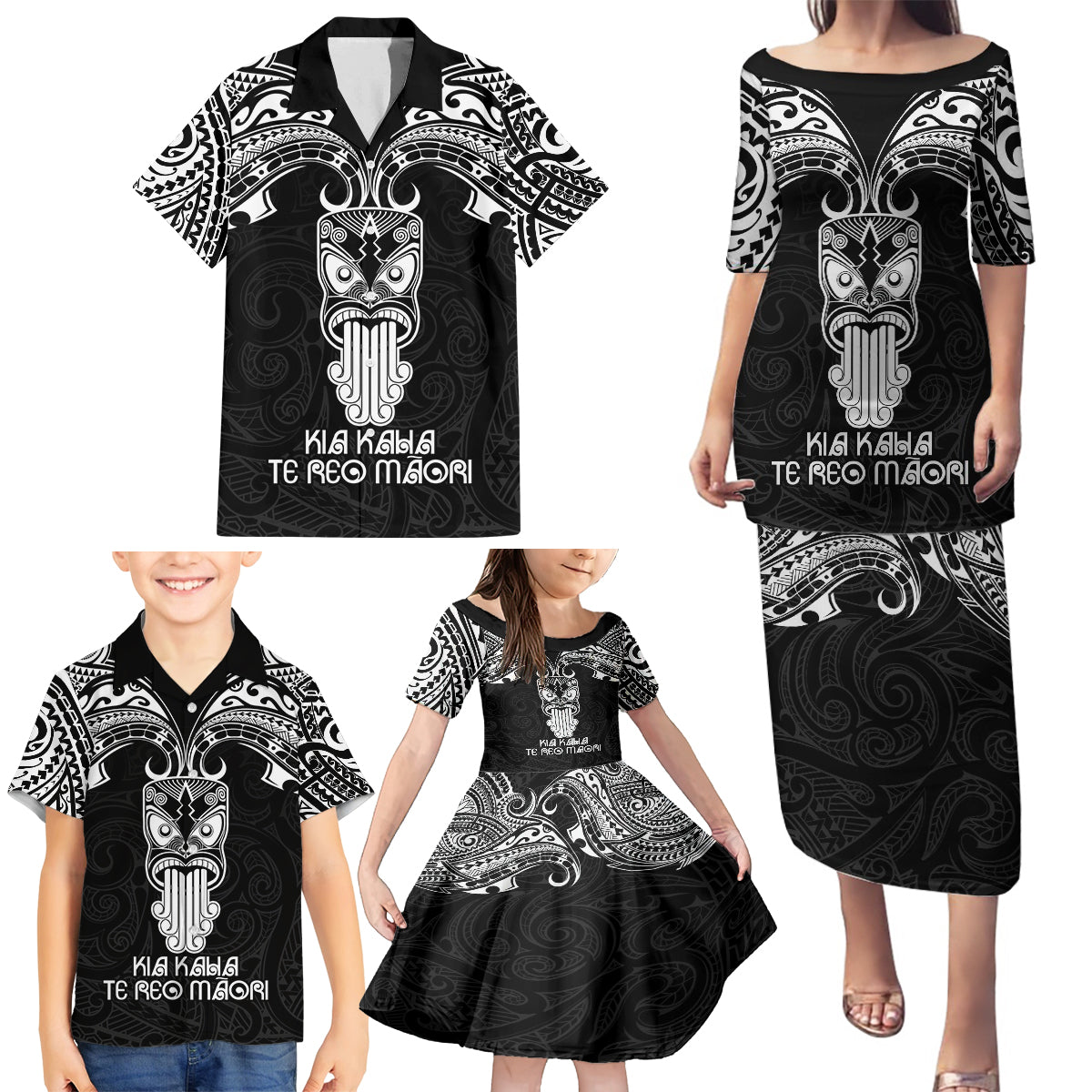 Personalised New Zealand Te Reo Maori Family Matching Puletasi Dress and Hawaiian Shirt Kia Kaha Maori Language Week Black Style - Wonder Print Shop