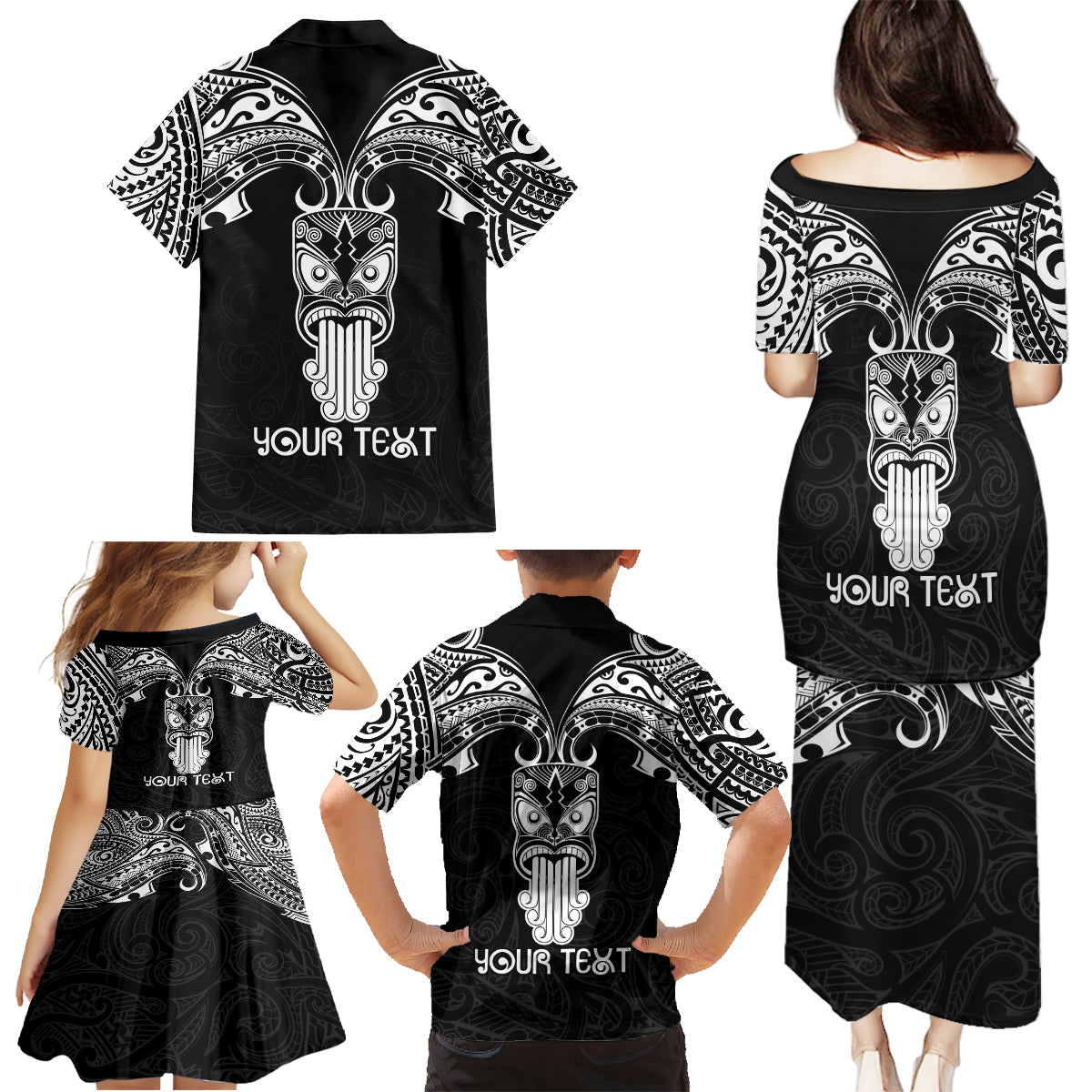 Personalised New Zealand Te Reo Maori Family Matching Puletasi Dress and Hawaiian Shirt Kia Kaha Maori Language Week Black Style - Wonder Print Shop