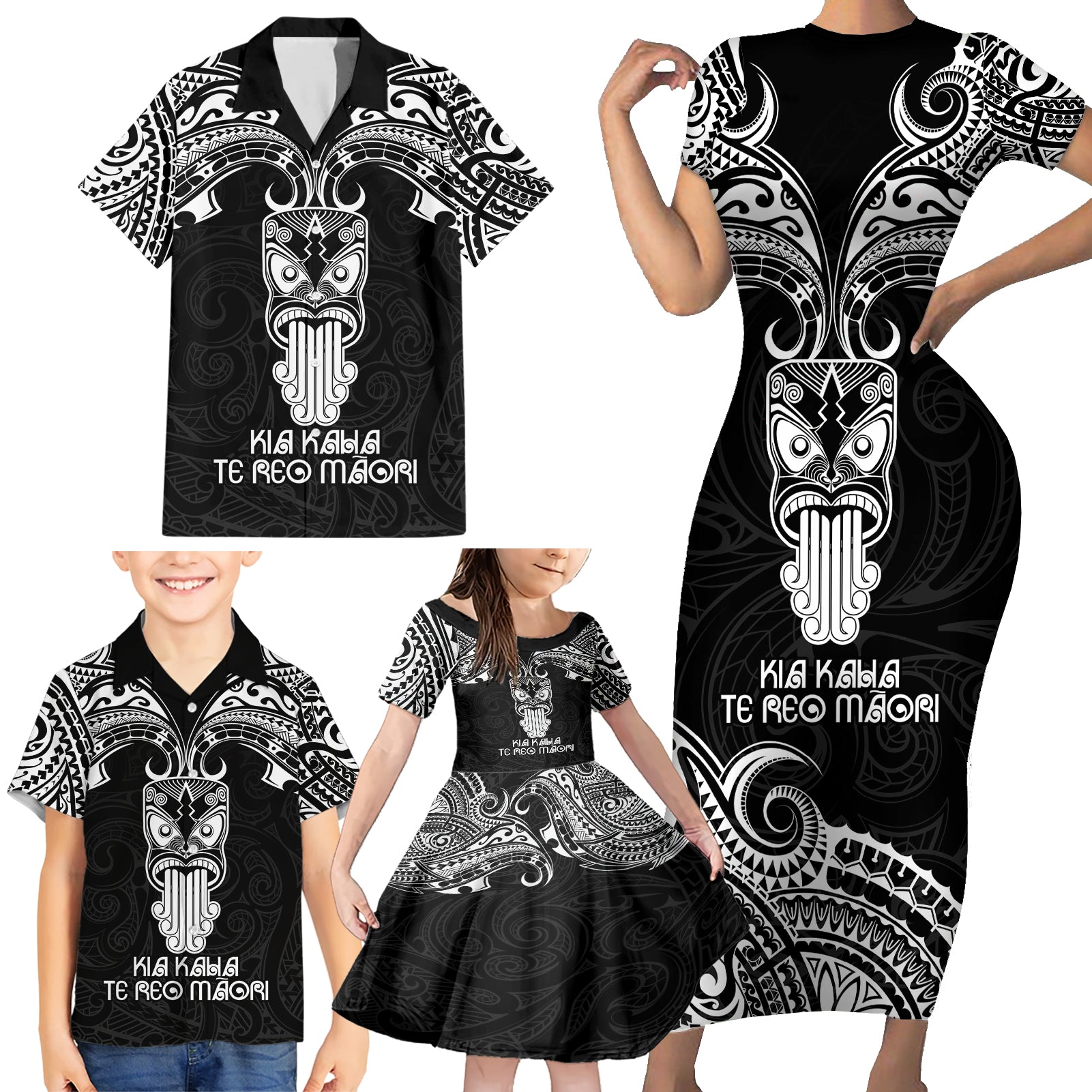 Personalised New Zealand Te Reo Maori Family Matching Short Sleeve Bodycon Dress and Hawaiian Shirt Kia Kaha Maori Language Week Black Style - Wonder Print Shop