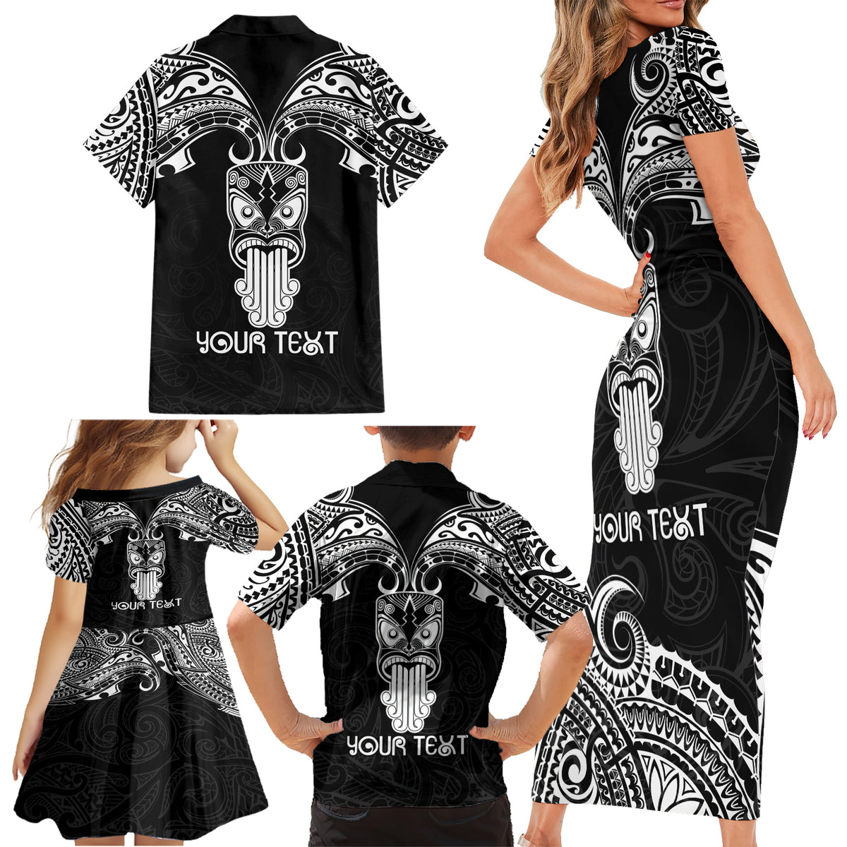 Personalised New Zealand Te Reo Maori Family Matching Short Sleeve Bodycon Dress and Hawaiian Shirt Kia Kaha Maori Language Week Black Style - Wonder Print Shop