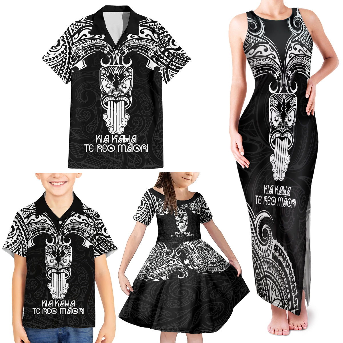 Personalised New Zealand Te Reo Maori Family Matching Tank Maxi Dress and Hawaiian Shirt Kia Kaha Maori Language Week Black Style - Wonder Print Shop