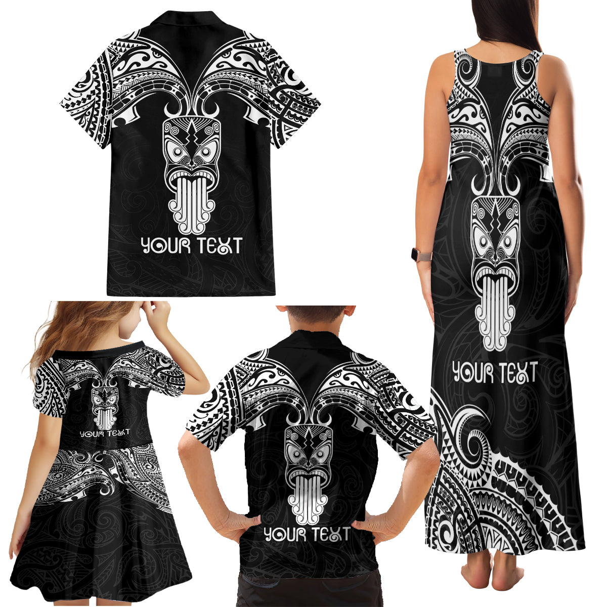 Personalised New Zealand Te Reo Maori Family Matching Tank Maxi Dress and Hawaiian Shirt Kia Kaha Maori Language Week Black Style - Wonder Print Shop