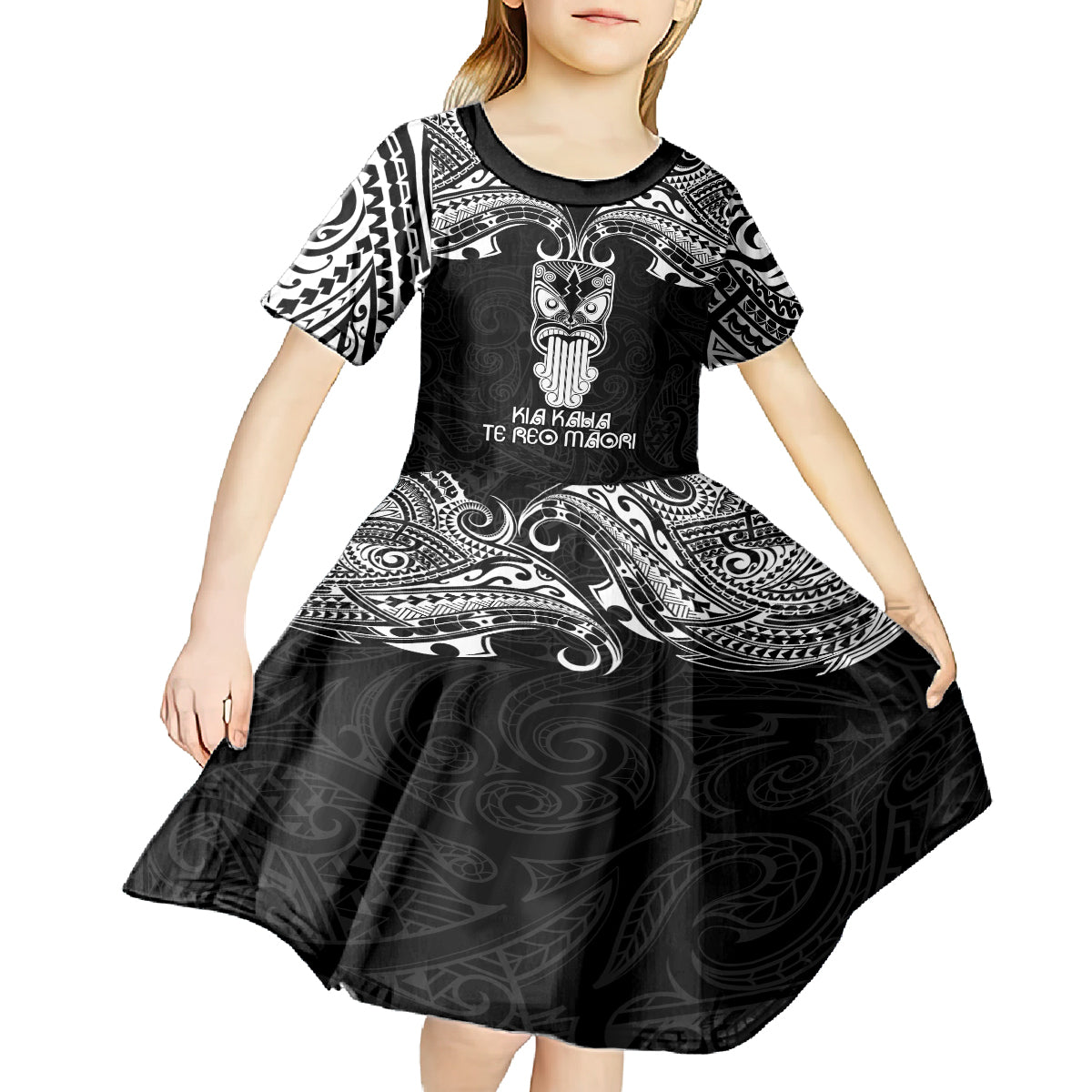 Personalised New Zealand Te Reo Maori Kid Short Sleeve Dress Kia Kaha Maori Language Week Black Style - Wonder Print Shop