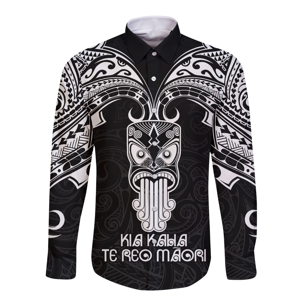 Personalised New Zealand Te Reo Maori Long Sleeve Button Shirt Kia Kaha Maori Language Week Black Style - Wonder Print Shop
