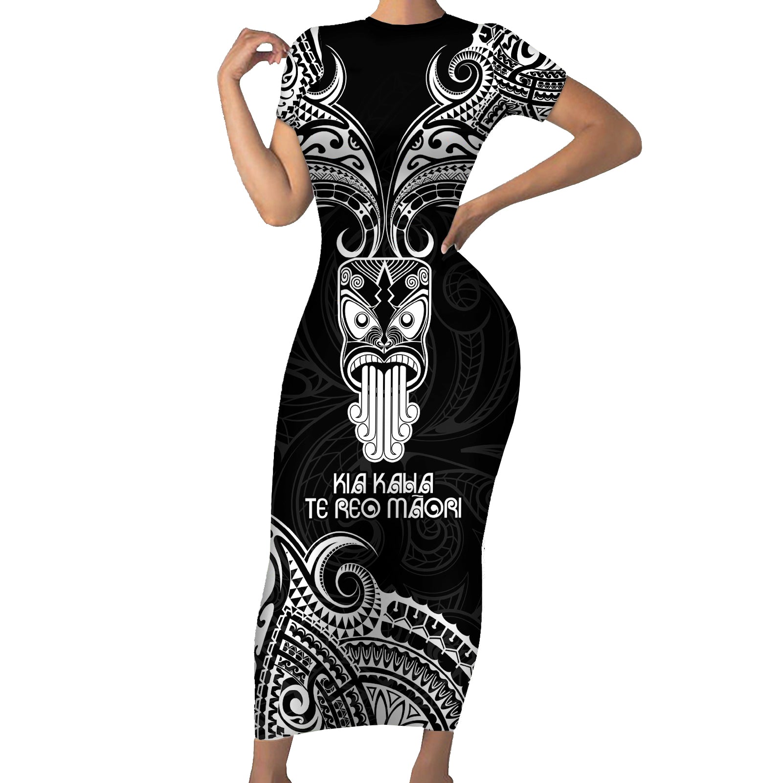 Personalised New Zealand Te Reo Maori Short Sleeve Bodycon Dress Kia Kaha Maori Language Week Black Style - Wonder Print Shop