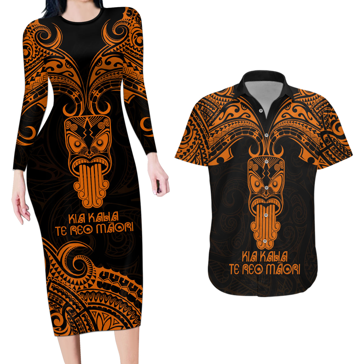 Personalised New Zealand Te Reo Maori Couples Matching Long Sleeve Bodycon Dress and Hawaiian Shirt Kia Kaha Maori Language Week Gold Style LT9 - Wonder Print Shop