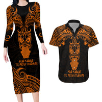 Personalised New Zealand Te Reo Maori Couples Matching Long Sleeve Bodycon Dress and Hawaiian Shirt Kia Kaha Maori Language Week Gold Style LT9 - Wonder Print Shop