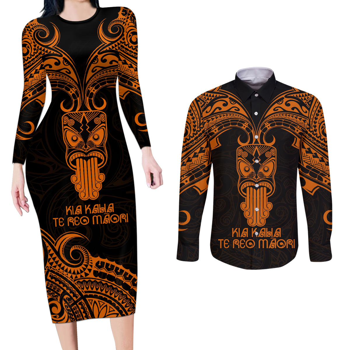 Personalised New Zealand Te Reo Maori Couples Matching Long Sleeve Bodycon Dress and Long Sleeve Button Shirts Kia Kaha Maori Language Week Gold Style LT9 - Wonder Print Shop