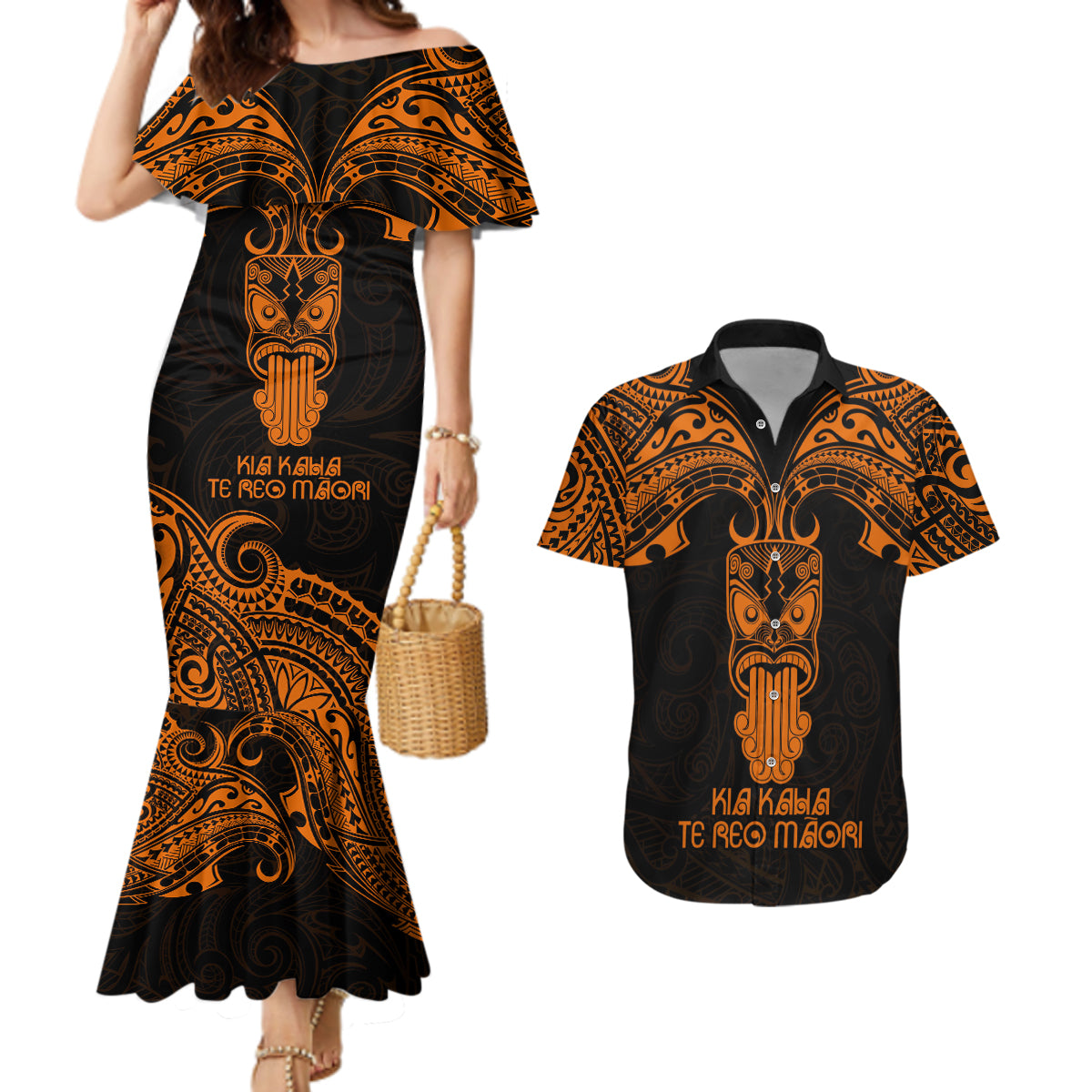Personalised New Zealand Te Reo Maori Couples Matching Mermaid Dress and Hawaiian Shirt Kia Kaha Maori Language Week Gold Style LT9 - Wonder Print Shop