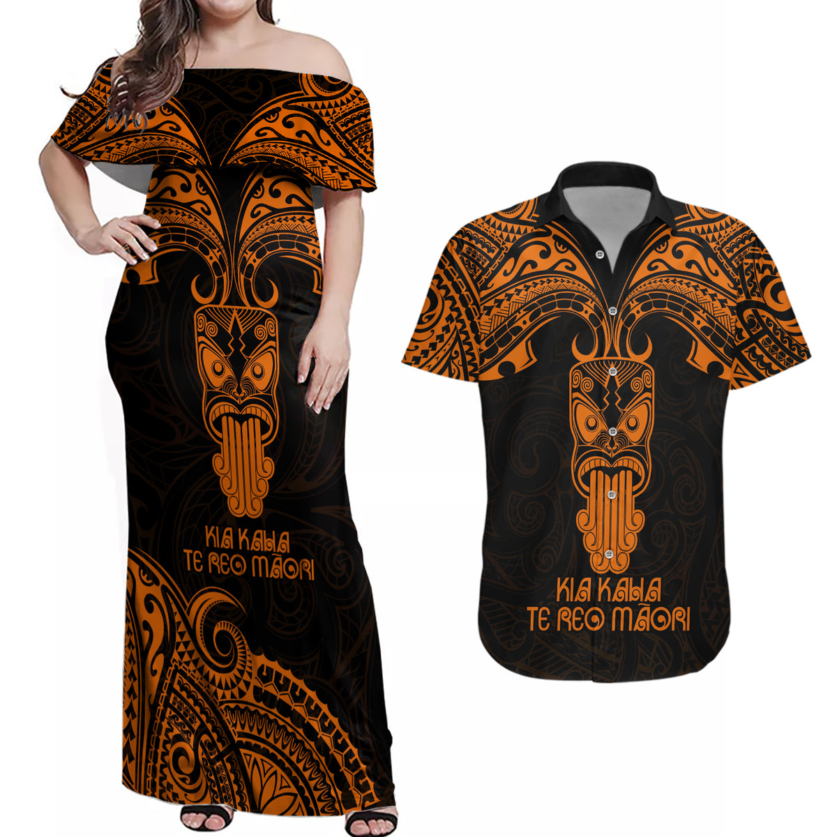 Personalised New Zealand Te Reo Maori Couples Matching Off Shoulder Maxi Dress and Hawaiian Shirt Kia Kaha Maori Language Week Gold Style LT9 - Wonder Print Shop
