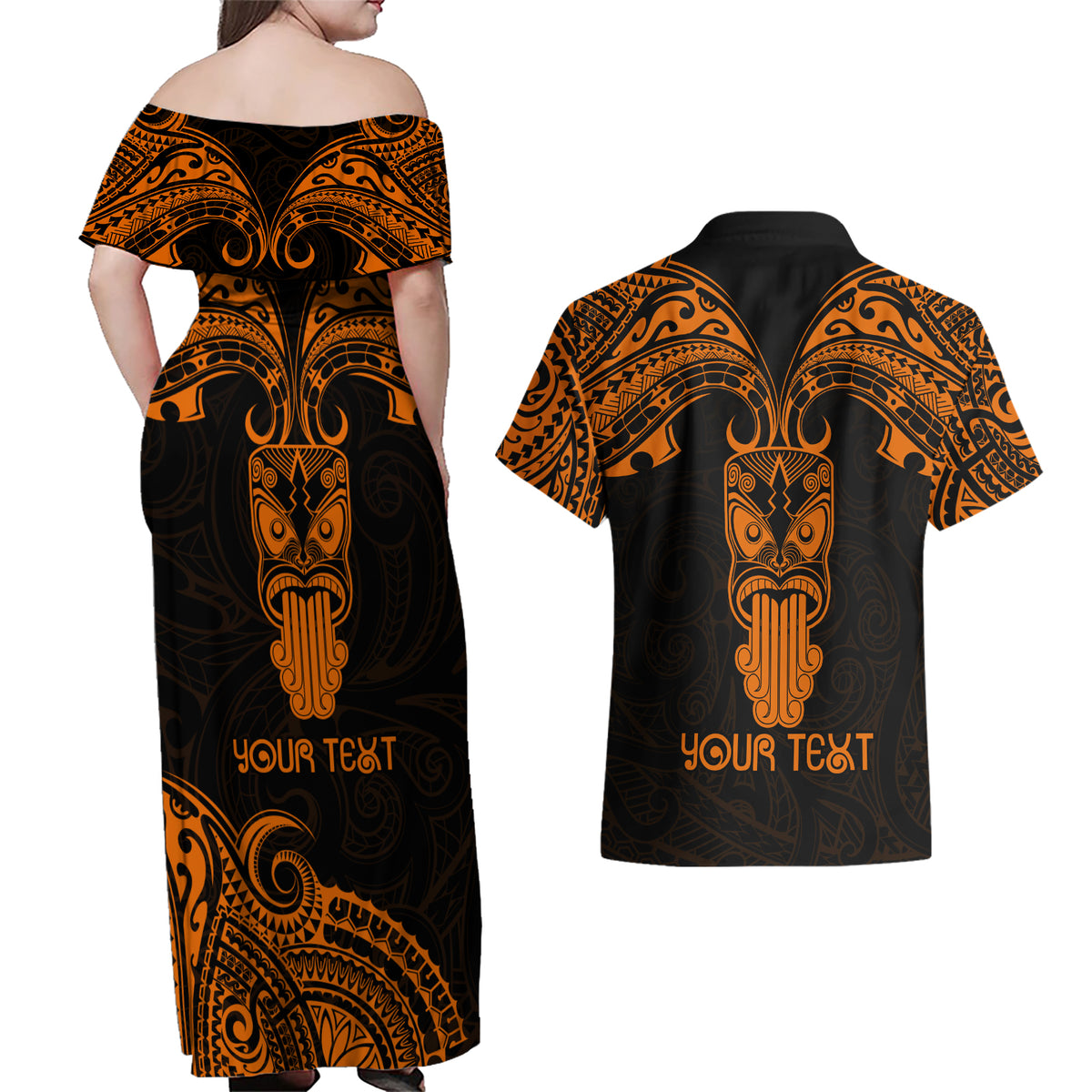 Personalised New Zealand Te Reo Maori Couples Matching Off Shoulder Maxi Dress and Hawaiian Shirt Kia Kaha Maori Language Week Gold Style LT9 - Wonder Print Shop