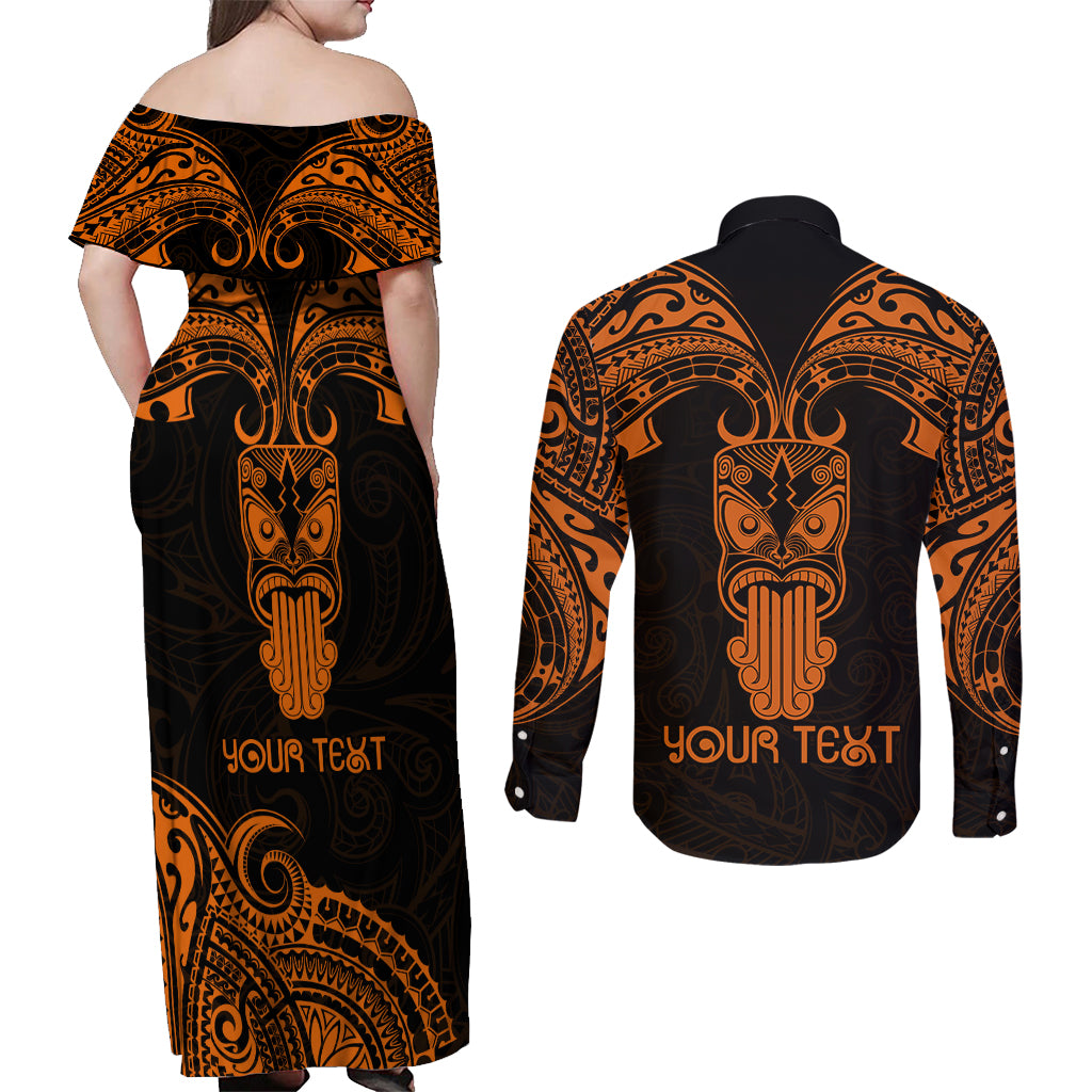Personalised New Zealand Te Reo Maori Couples Matching Off Shoulder Maxi Dress and Long Sleeve Button Shirts Kia Kaha Maori Language Week Gold Style LT9 - Wonder Print Shop