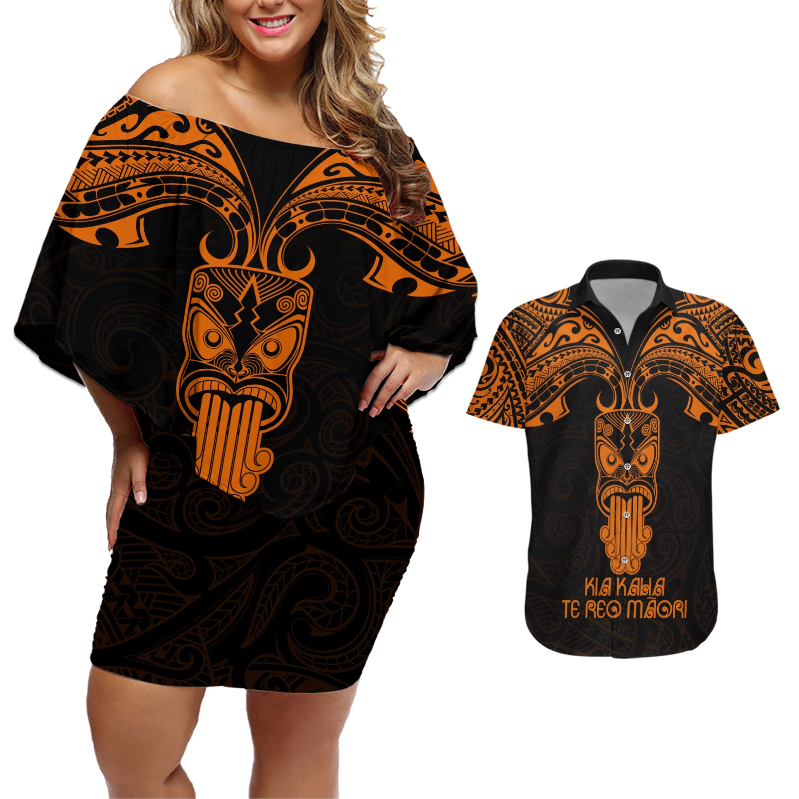 Personalised New Zealand Te Reo Maori Couples Matching Off Shoulder Short Dress and Hawaiian Shirt Kia Kaha Maori Language Week Gold Style LT9 - Wonder Print Shop