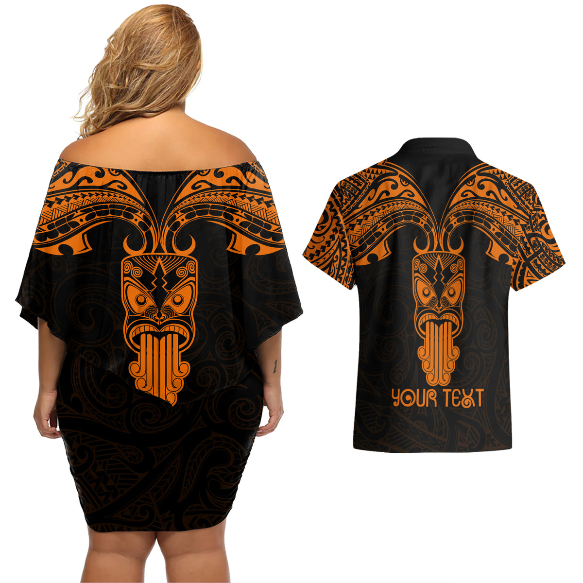 Personalised New Zealand Te Reo Maori Couples Matching Off Shoulder Short Dress and Hawaiian Shirt Kia Kaha Maori Language Week Gold Style LT9 - Wonder Print Shop